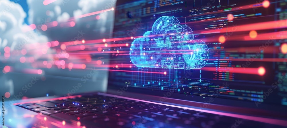 Poster blue cloud computing data over laptop keyboard, digitalization and cybersecurity technology