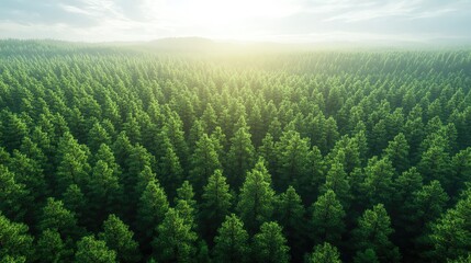 Fototapeta premium Breathtaking aerial view of a dense forest with tall trees illuminated by soft sunlight, creating a peaceful and serene atmosphere.