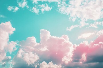 Fantasy sky with sugar cotton color pastel clouds in a dreamy background , ai