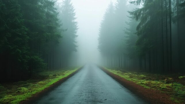 Foggy road through dense pine forest creating a mysterious and tranquil atmosphere.
