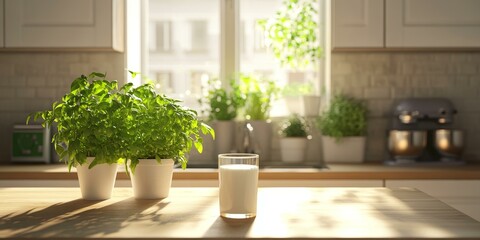 Fototapeta premium Kitchen countertop with plants, milk, and sunbeams.