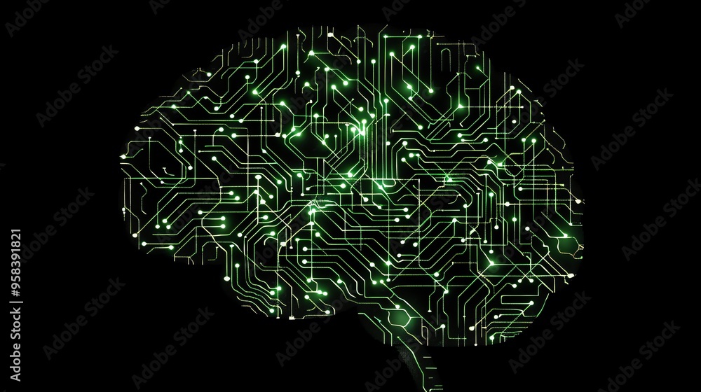 Poster a circuit board in the shape of a brain.