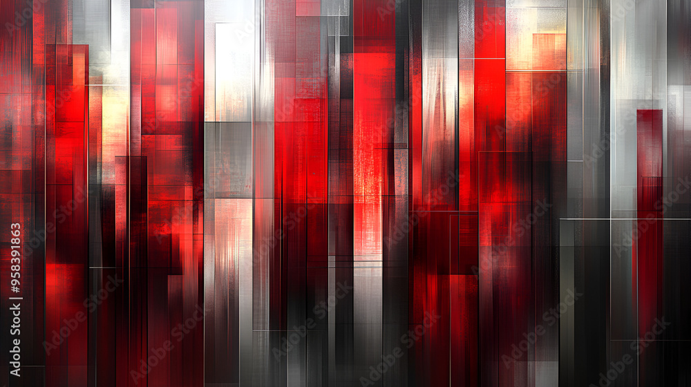 Poster abstract red and silver artwork featuring vertical stripes and layered textures created in a modern 