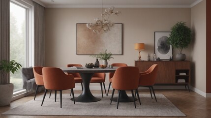 Fototapeta premium Dining room in a modern luxury house, Interior design image with vibrant colour theme.