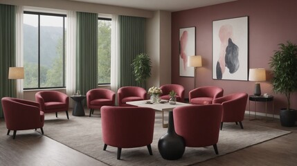 A beautiful meeting room brown wall with poster frames on the wall interior design image with a vibrant colour theme, Meeting room interior design image.