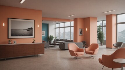 High-resolution orange walls with a poster frame on the waiting room front wall interior design image with a vibrant colour theme, Waiting area interior concept.