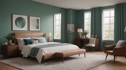 Obraz premium High-resolution master bedroom Interior design image with beautiful wall colour and furniture items.
