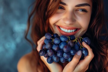 Joyful woman enjoying fresh grapes against a stylish background