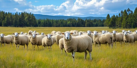 Fototapeta premium Large herd of sheep peacefully grazing on lush green field under a bright blue sky. Flock of sheep