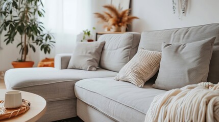 A  sectional sofa with pillows and a blanket, in a living room.