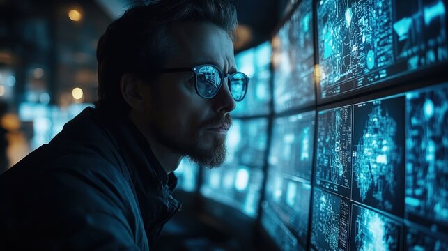 A cybersecurity team monitoring multiple screens and analyzing potential threats in a high-tech control room