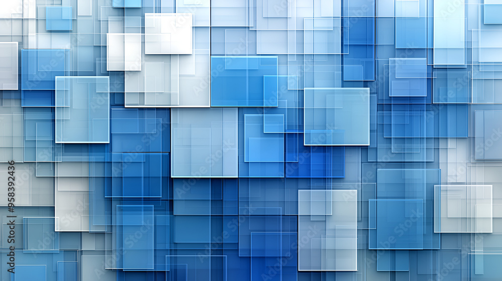 Poster abstract blue squares layered in various shades creating a visually striking composition