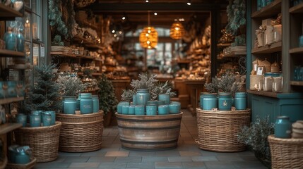 A beautiful and organized retail storefront showcasing new products and seasonal decorations.