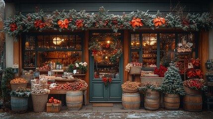A festive retail storefront showcasing new merchandise and seasonal decorations.