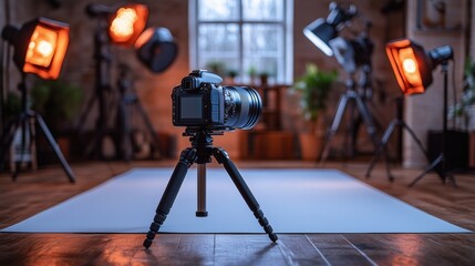 Photo studio, tripods, professional e-commerce product photography setup with lighting, camera and background.