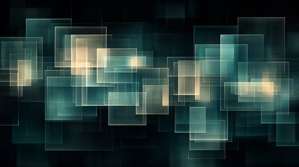 Abstract digital art featuring overlapping translucent squares in shades of teal and gold against a dark background