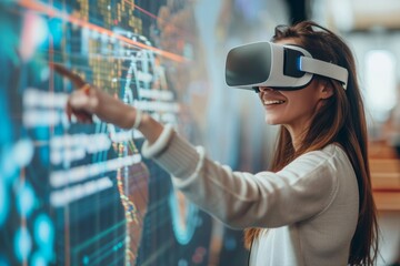 Woman exploring virtual reality with headset in interactive digital environment