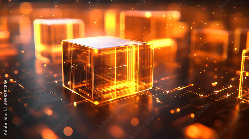 Poster glowing abstract cubes illuminated against a dark background showcasing futuristic digital design el