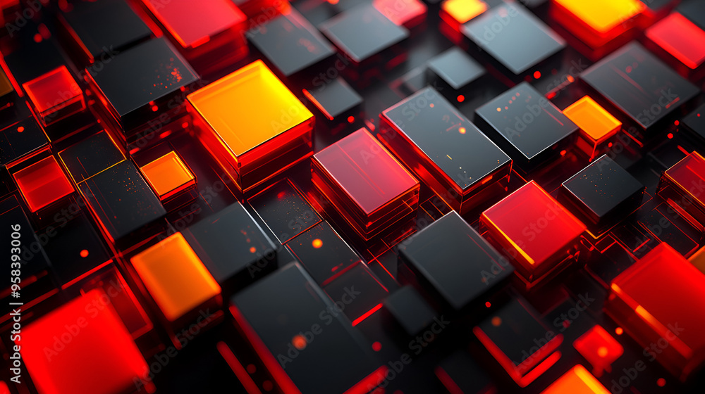 Poster abstract digital art featuring glowing red and orange geometric shapes arranged in a complex pattern