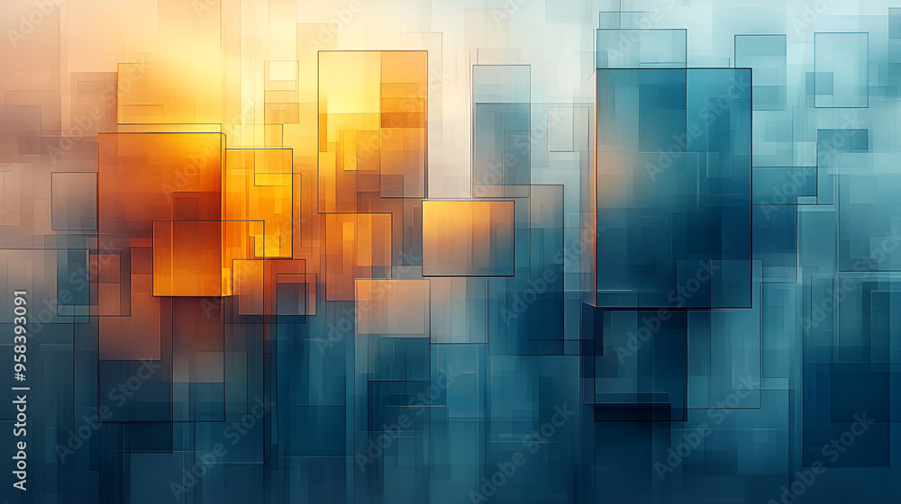 Poster abstract design featuring layered shapes in orange and blue hues, creating a visually striking compo