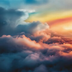 Fototapeta premium Fog and clouds on a colorful rainbow blue to orange gradient. Image displays a pleasing paper grain and texture