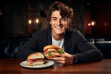 Smiling young man enjoying a fresh sandwich in a cozy restaurant setting
