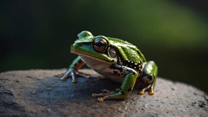 Obraz premium Frog nestled in a patch of wet moss, blending into its damp environment