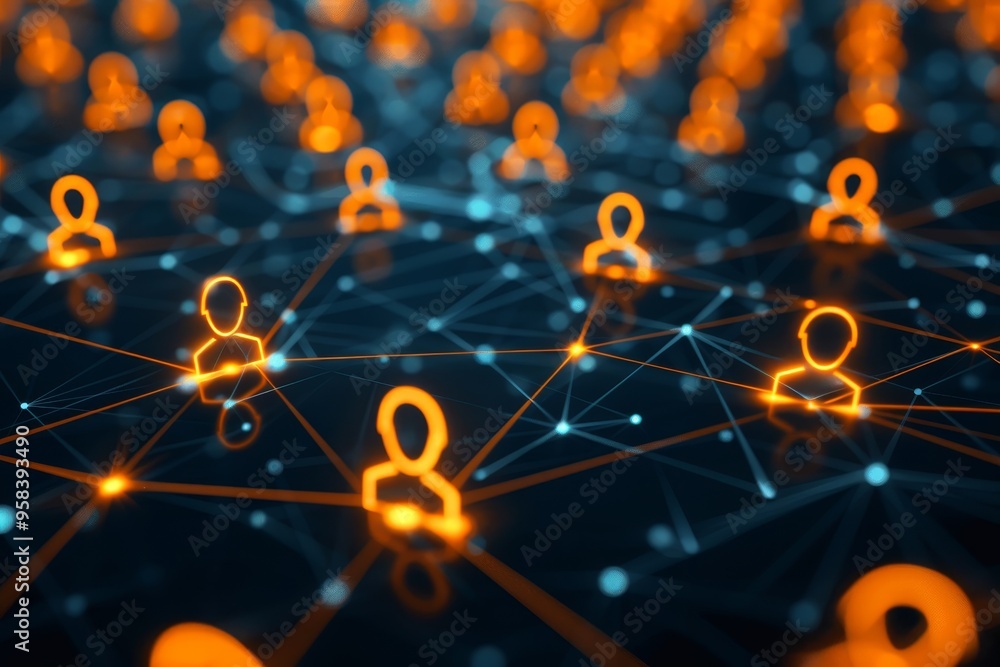 Poster network of glowing profile icons connected with geometric blue lines on a dark abstract background.