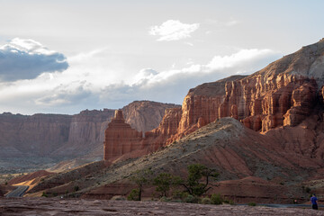 A breathtaking sunrise view of red rocks at Capitol Reef National Park, Utah.