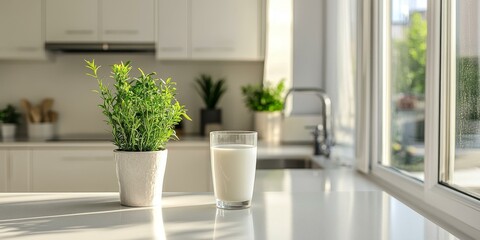 Fototapeta premium A glass of milk and a potted plant on a