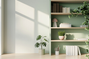 Office interior backdrop for online meetings. Light home office setting bookshelves background. Minimalist online workspace aesthetics. Video conferencing room design in pastel tones.