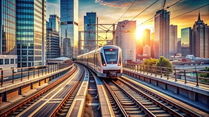 Electric train running through the city , urban, cityscape, transportation, public transit, travel, commute, railway, track