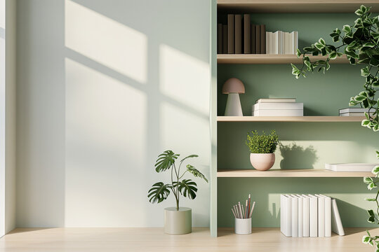 Office interior backdrop for online meetings. Light home office setting bookshelves background. Minimalist online workspace aesthetics. Video conferencing room design in pastel tones.