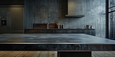 A sleek modern kitchen with a concrete wall.