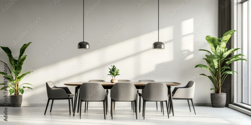 Poster Modern dining room with plants and pendant lights.