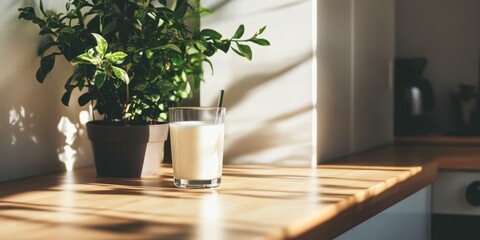 Obraz premium A glass of milk on a wooden table, next to