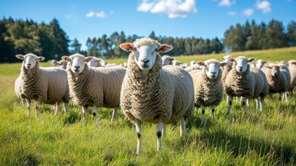 Naklejka premium Charming Sheep Grazing Peacefully in a Lush Green Pasture Under a Clear and Beautiful Blue Sky