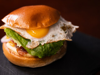 Cheese burger with bacon and egg on black background	
