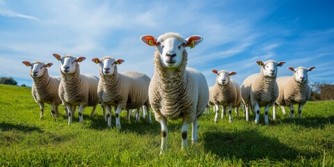 Charming Sheep Grazing Peacefully in a Lush Green Pasture Under a Clear and Beautiful Blue Sky