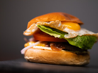 Cheese burger with bacon and egg on black background	
