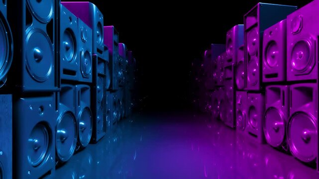 many different acoustic systems left and right in neon lighting, 3d animation