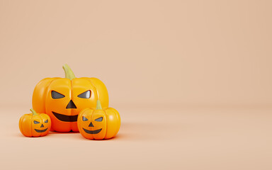 Three of halloween pumpkins on beige background. Minimalism concept