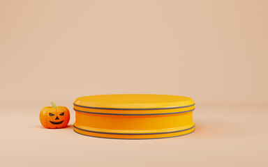 Halloween pumpkin with yellow podium on beige background. Minimalism concept