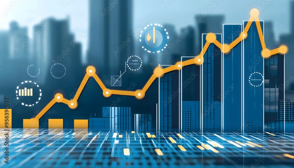 Poster a yellow line graph soaring above skyscrapers with data visualizations