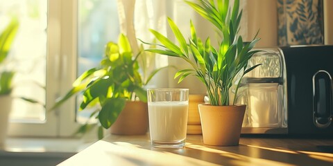 Sunlight streams onto milk in a glass, next to a