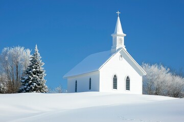 White Church in a Snowy Landscape with a Blue Sky