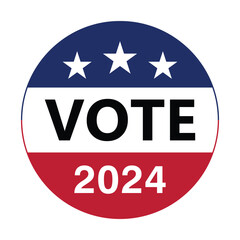 vote 2024 badge. USA presidential election pin button for campaign. vote icon symbol with american flag color and star. transparent png and vector illustration.