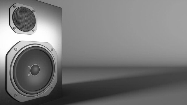 one speaker system on the left with two speakers on a gray background, 3d animation