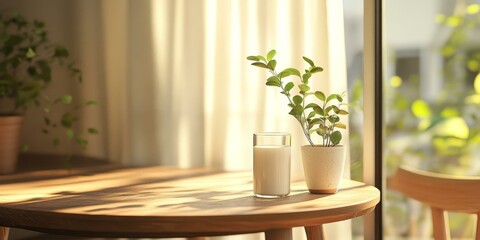 Glass of milk and plant on table by window.