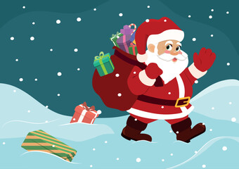 Naklejka premium Cute Santa Claus carries a bag of colorful gifts and wishes everyone a Happy New Year and Merry Christmas. Vector illustration with a festive mood for a greeting card. Horizontal format